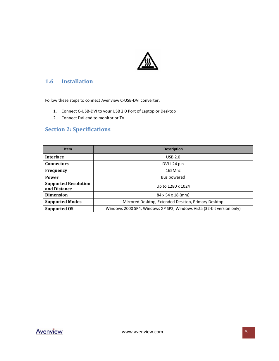 Installation, Section 2: specifications, 6 installation | Avenview C-USB-DVI User Manual | Page 5 / 6