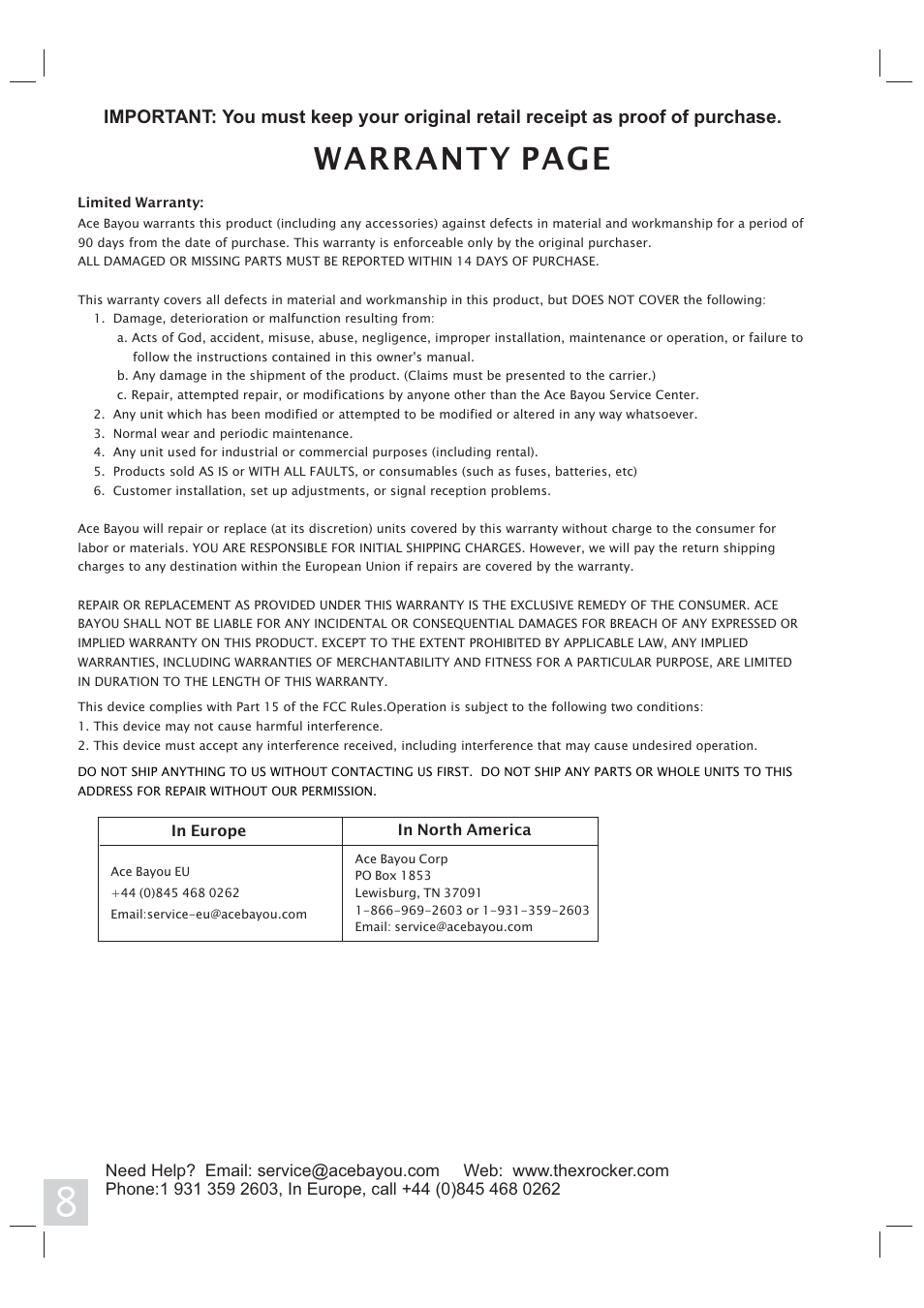 Warranty page | X Rockers 06107 User Manual | Page 8 / 8