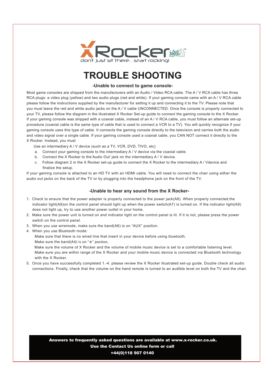 Trouble shooting | X Rockers 51752 User Manual | Page 8 / 8