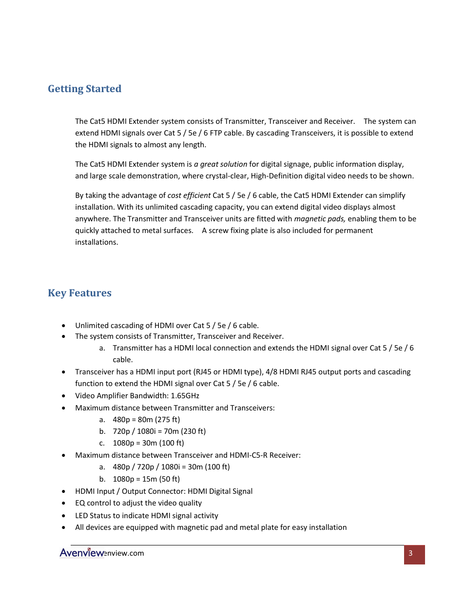 Key features, Getting started | Avenview HDMI-C5-8 User Manual | Page 3 / 18