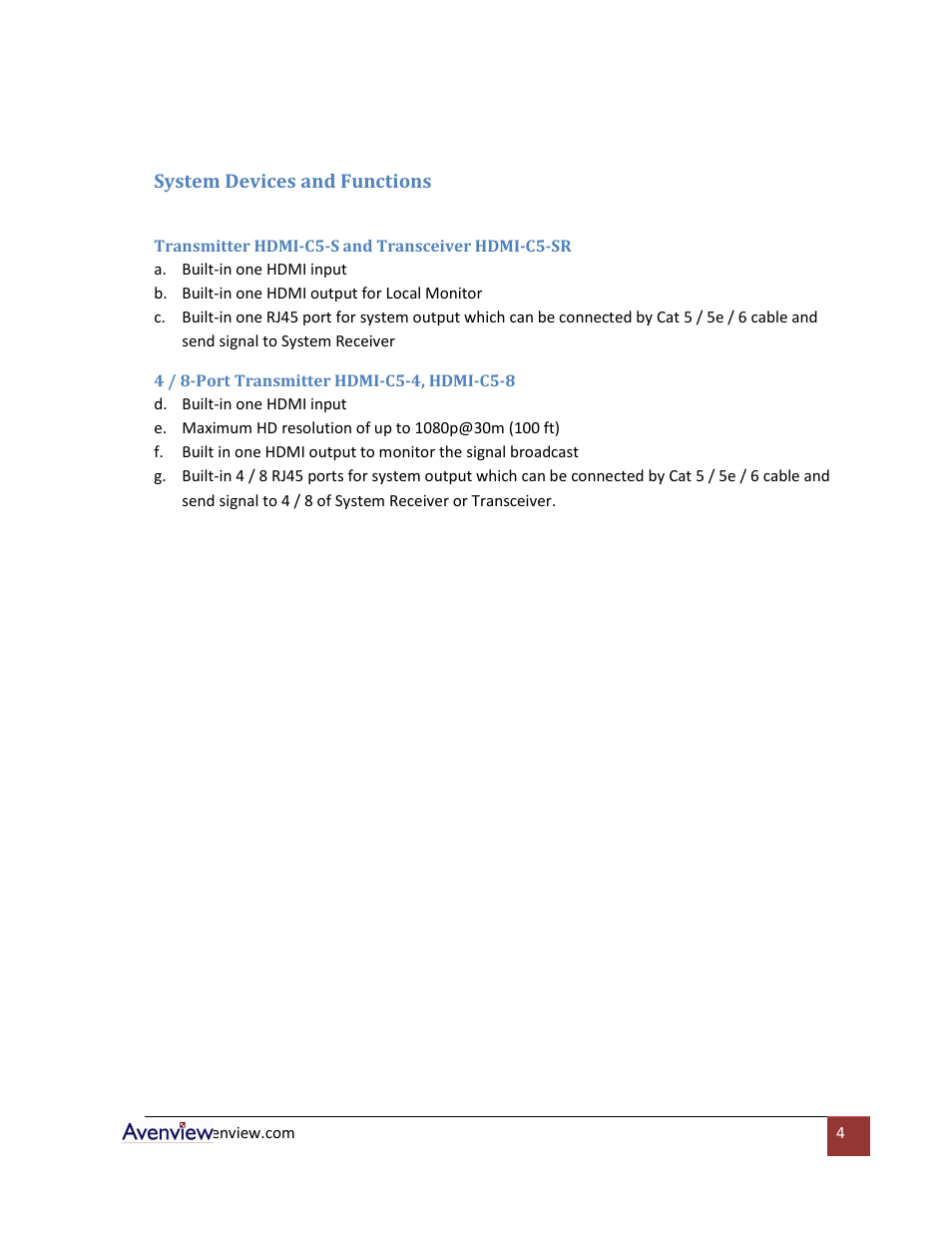 System devices and functions, Transmitter hdmi-c5-s and transceiver hdmi-c5-sr, 4 / 8-port transmitter hdmi-c5-4, hdmi-c5-8 | Avenview HDMI-C5-8 User Manual | Page 4 / 18