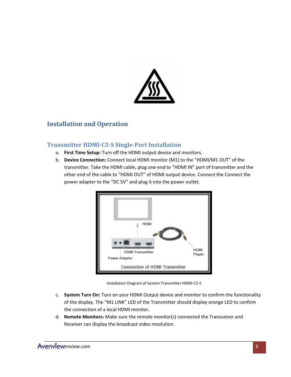 Installation and operation, Hdmi-c5-s single-port transmitter installation | Avenview HDMI-C5-8 User Manual | Page 8 / 18