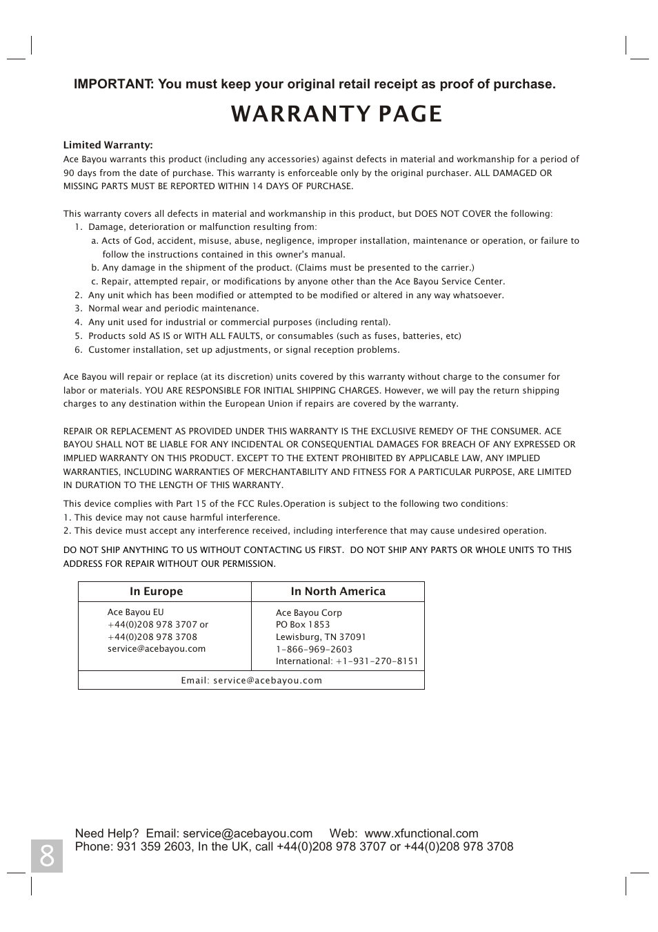Warranty page | X Rockers 51353 User Manual | Page 8 / 8