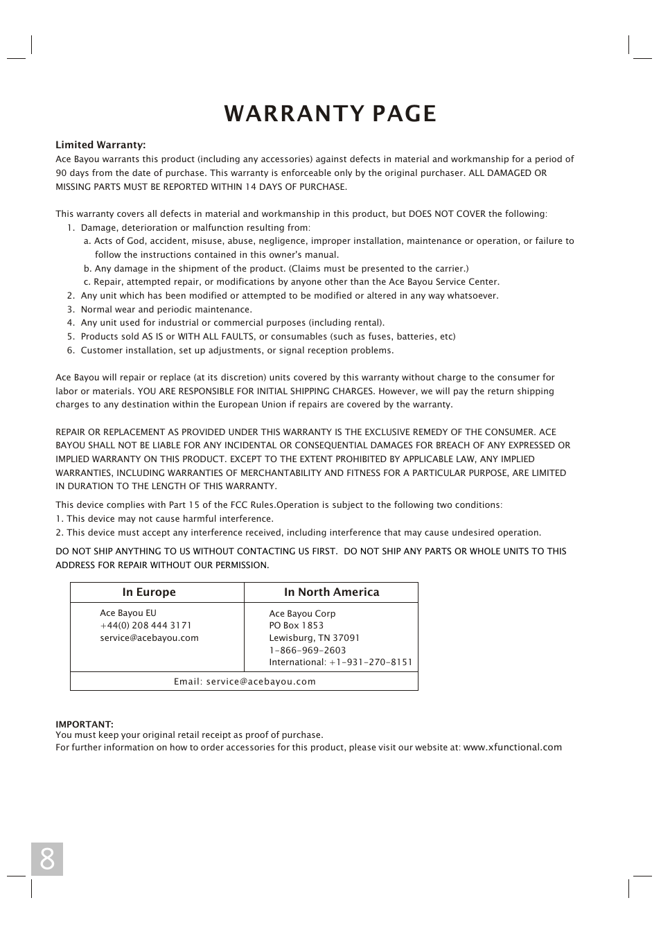 Warranty page | X Rockers 51459 User Manual | Page 8 / 8