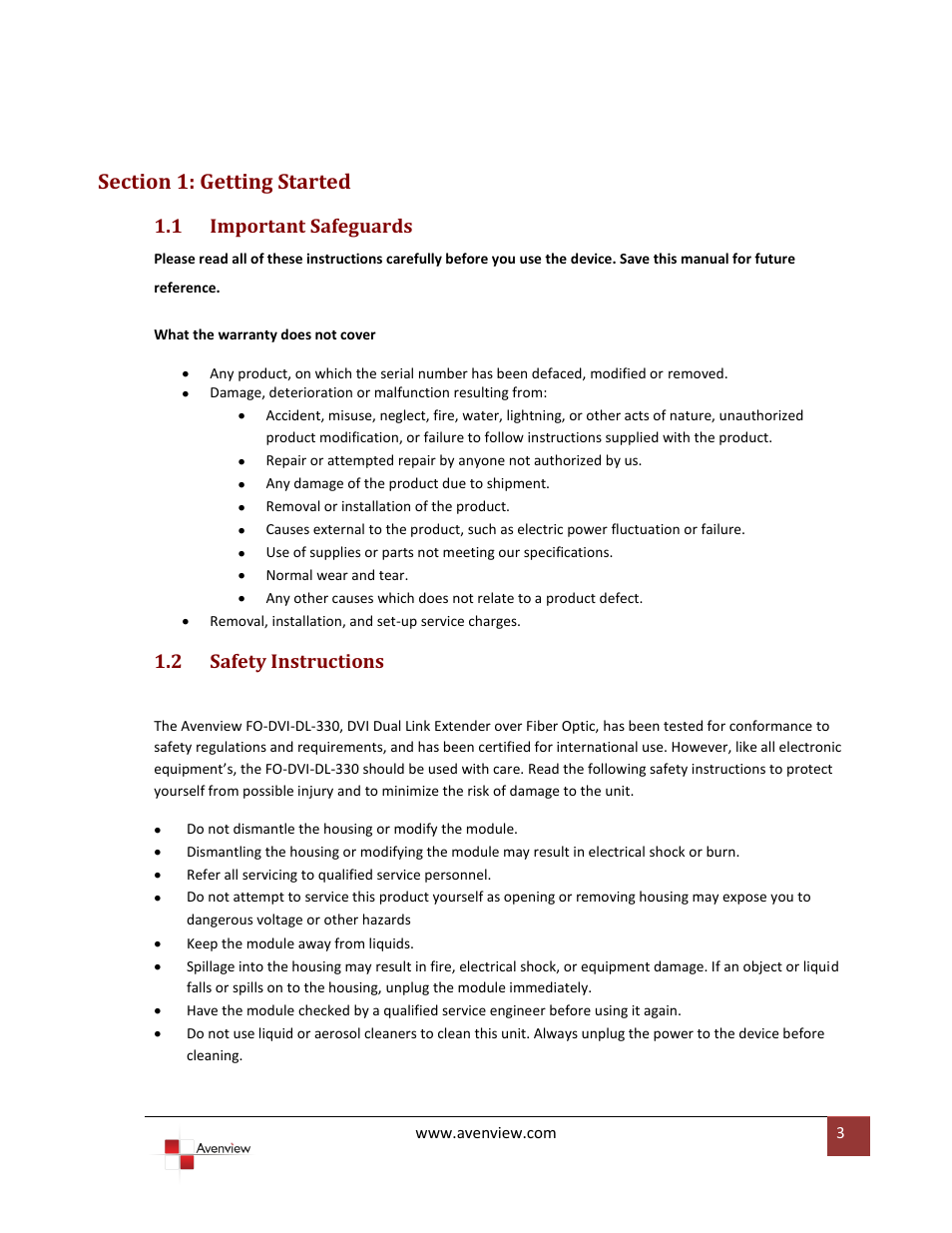 Section 1: getting started, Important safeguards, Safety instructions | 1 important safeguards, 2 safety instructions | Avenview FO-DVI-DL-330 Series User Manual | Page 3 / 11