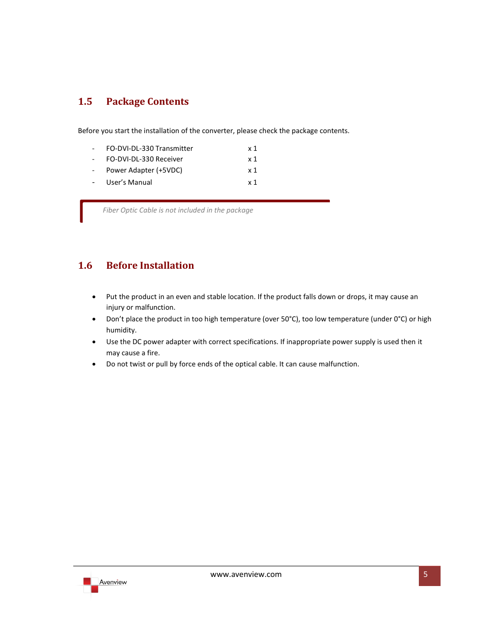 Package contents, Before installation, 5 package contents | 6 before installation | Avenview FO-DVI-DL-330 Series User Manual | Page 5 / 11