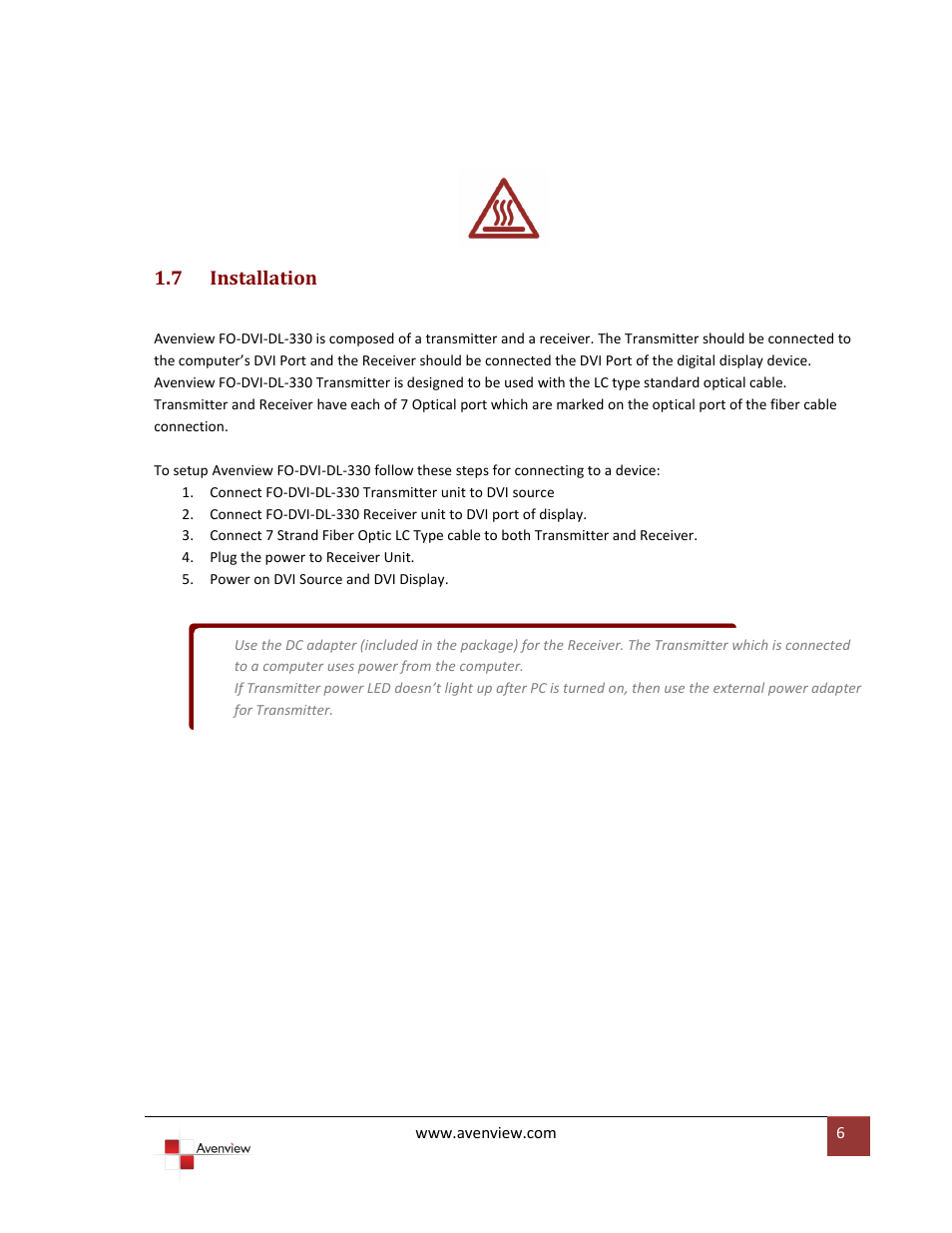 Installation | Avenview FO-DVI-DL-330 Series User Manual | Page 6 / 11