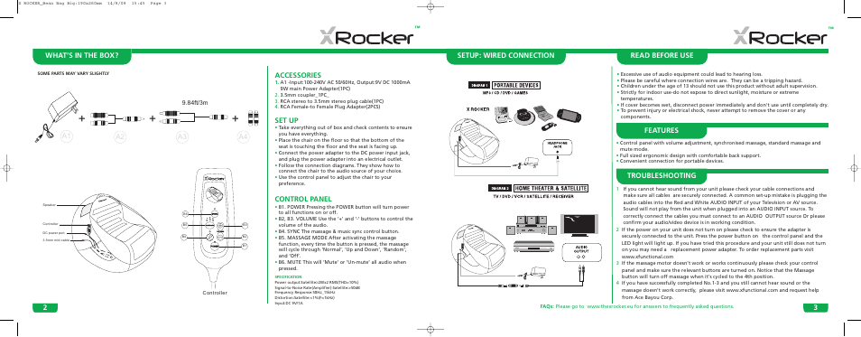 What’s in the box, Accessories, Set up | Control panel, Setup: wired connection read before use features, Troubleshooting, A1 a2 a4 a3 | X Rockers 51448 User Manual | Page 2 / 2