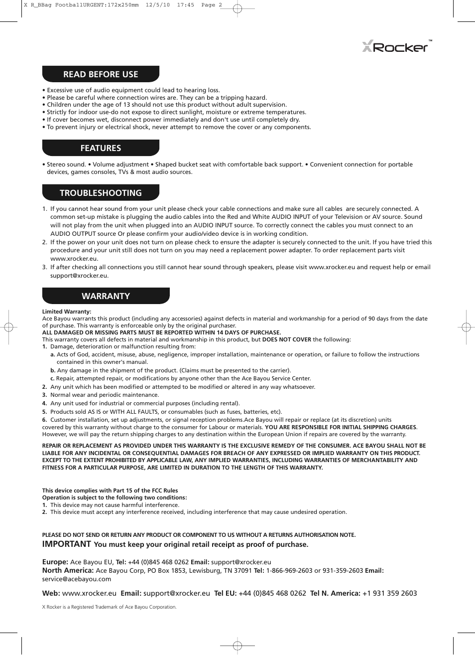 Read before use features, Troubleshooting, Warranty | Important | X Rockers 51452 User Manual | Page 2 / 2