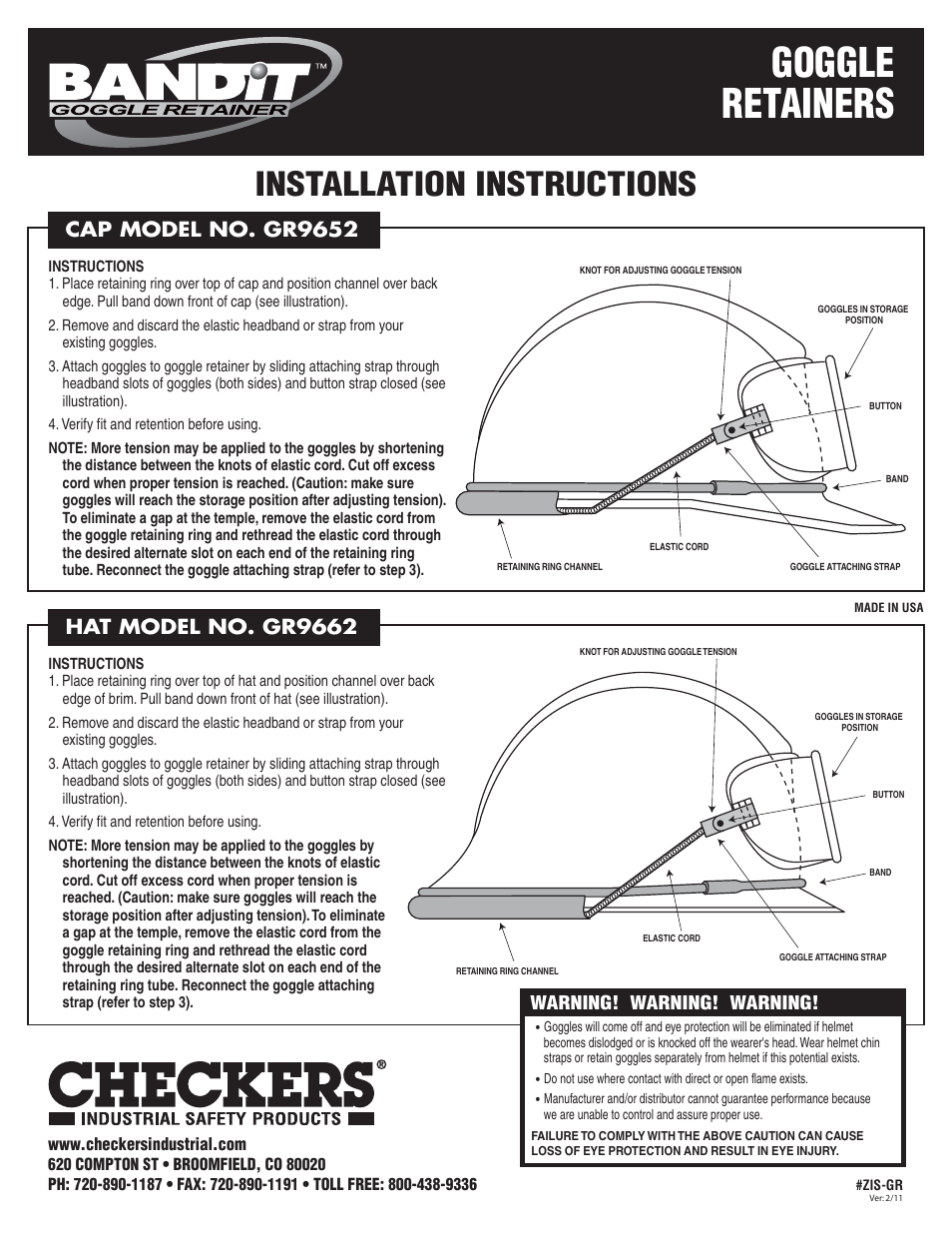 Checkers Bandit Goggle Retainer GR9652 User Manual | 1 page