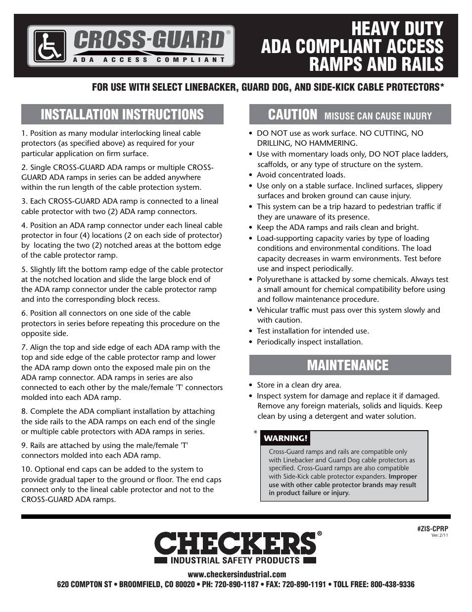 Heavy duty ada compliant access ramps and rails, Installation instructions caution, Maintenance | Checkers Cross Guard Access Ramps and Rails User Manual | Page 2 / 2