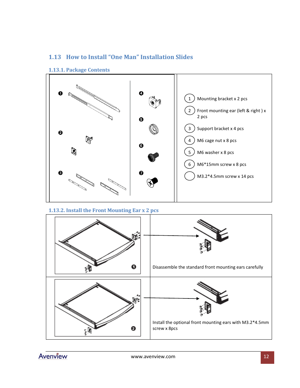 How to install “one man” installation slides, Package contents, Install the front mounting ear x 2 pcs | 13 how to install “one man” installation slides | Avenview RKVM-N19 User Manual | Page 12 / 25