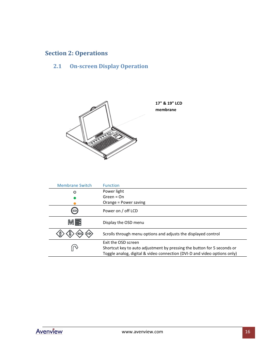 Section 2: operations, On-screen display operation | Avenview RKVM-N19 User Manual | Page 16 / 25