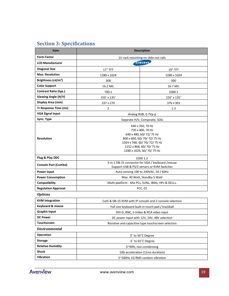Section 3: specifications | Avenview RKVM-N19 User Manual | Page 19 / 25