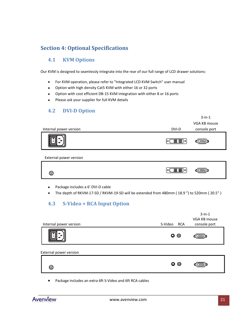 Section 4: optional specifications, Kvm options, Dvi-d option | S-video + rca input option, 1 kvm options, 2 dvi-d option, 3 s-video + rca input option | Avenview RKVM-N19 User Manual | Page 21 / 25