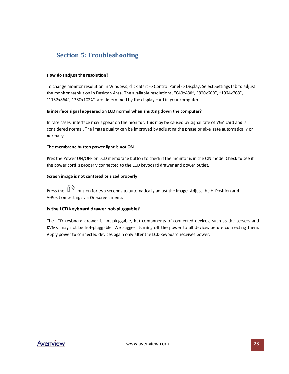 Section 5: troubleshooting | Avenview RKVM-N19 User Manual | Page 23 / 25