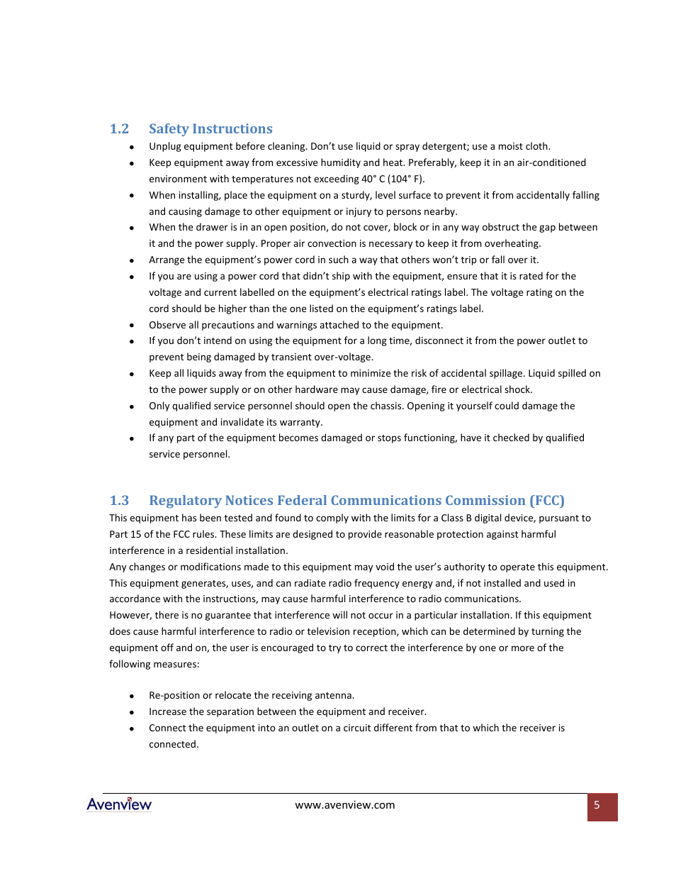 Safety instructions, 2 safety instructions | Avenview RKVM-N19 User Manual | Page 5 / 25