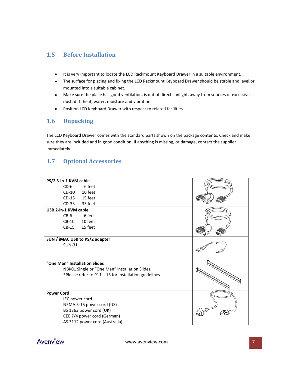 Before installation, Unpacking, Optional accessories | 5 before installation, 6 unpacking, 7 optional accessories | Avenview RKVM-N19 User Manual | Page 7 / 25
