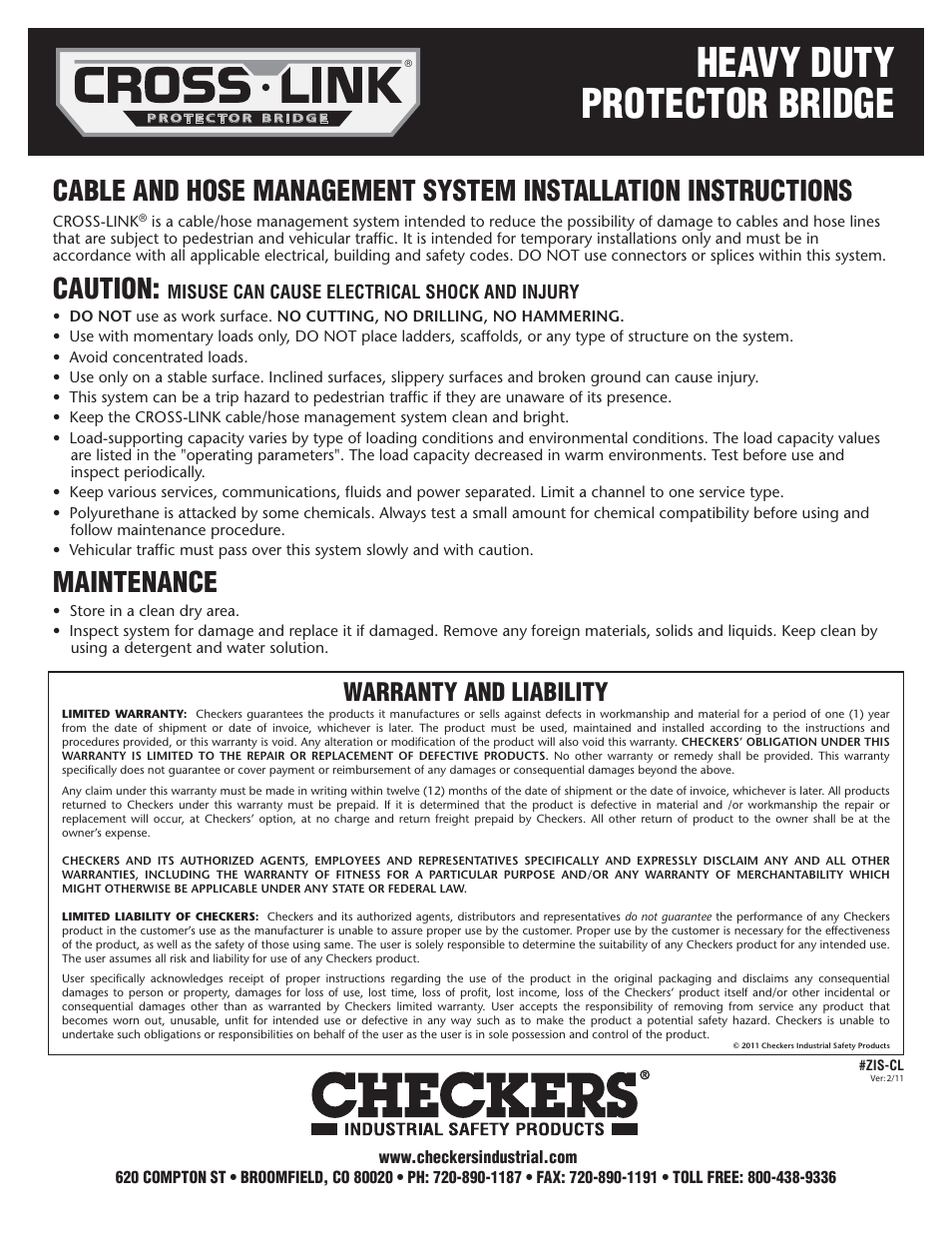 Heavy duty protector bridge, Caution, Maintenance | Warranty and liability | Checkers Cross-Link Protector Bridge User Manual | Page 2 / 2