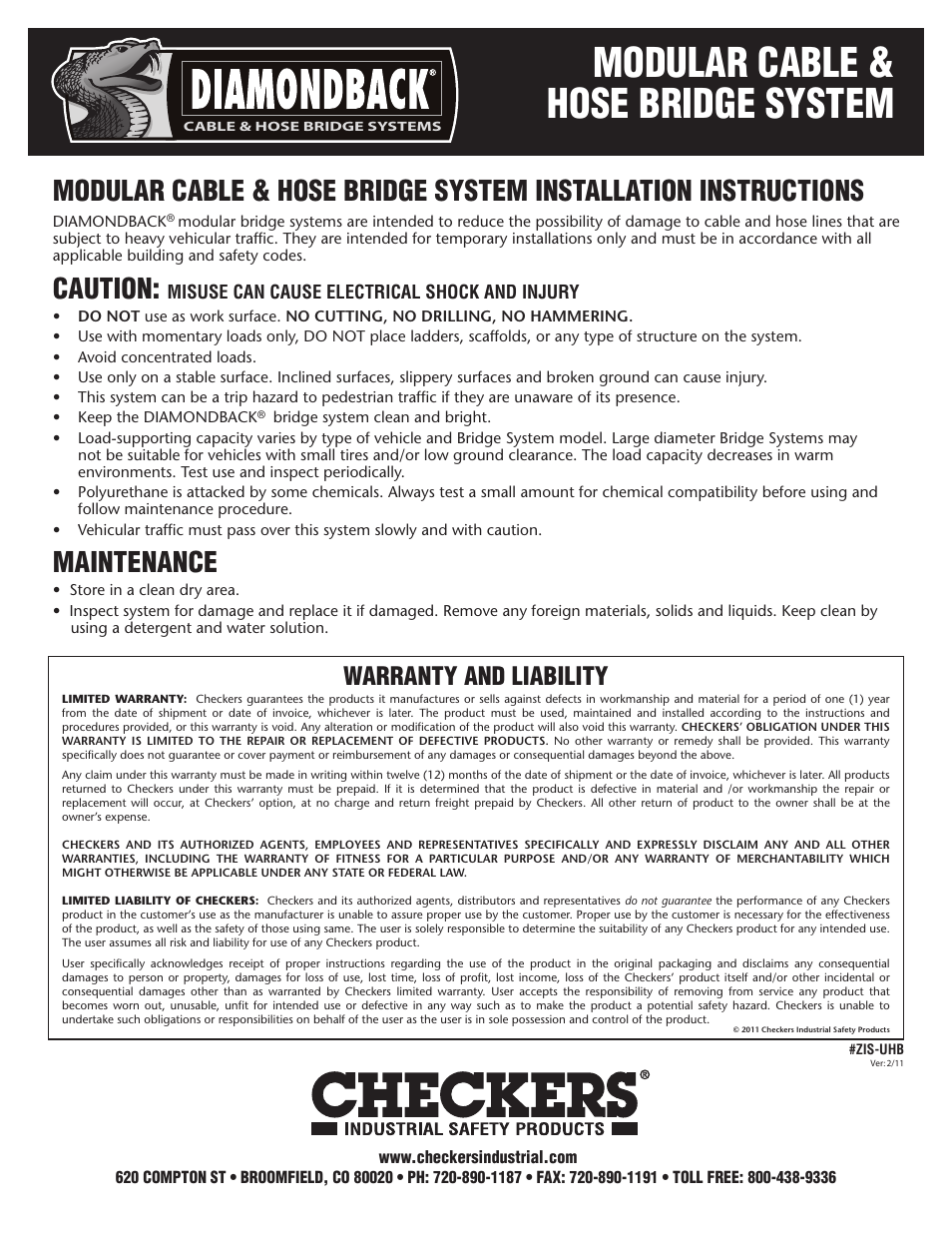 Modular cable & hose bridge system, Caution, Maintenance | Warranty and liability | Checkers Diamondback Multiple Tunnel User Manual | Page 2 / 2