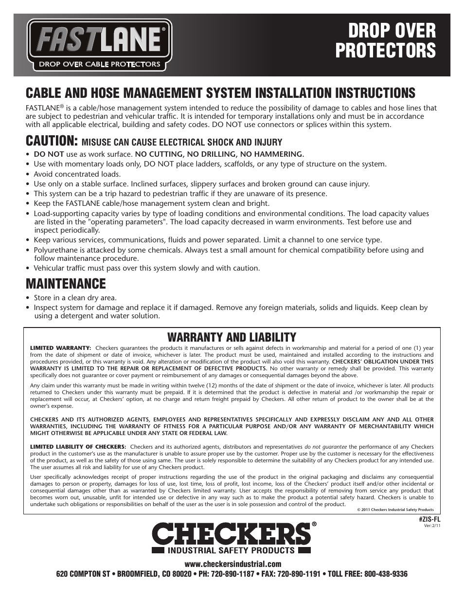 Drop over protectors, Caution, Maintenance | Warranty and liability | Checkers FastLane Drop Over Protectors User Manual | Page 2 / 2