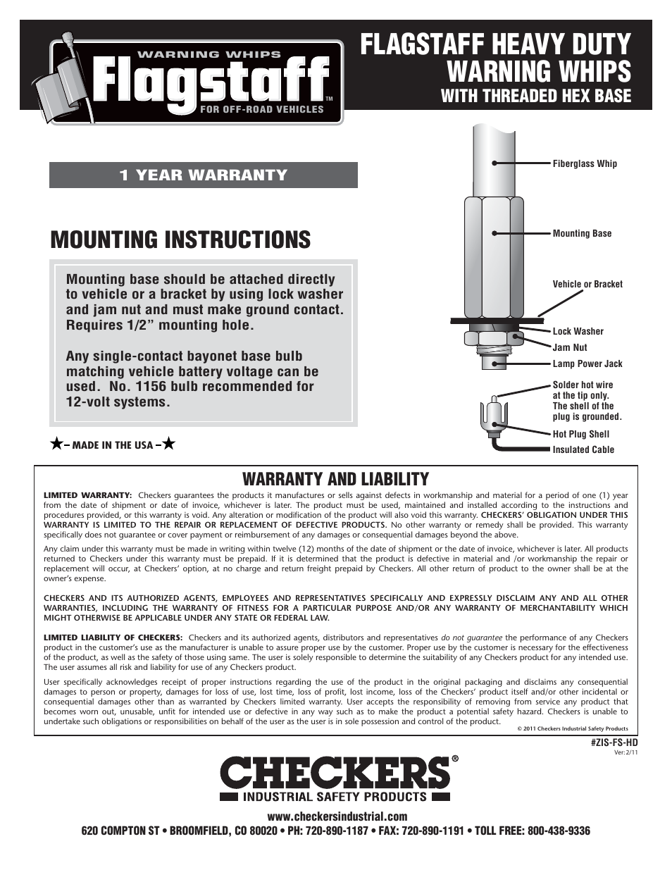 Checkers Flagstaff Heavy Duty Hex Base Whips User Manual | 1 page