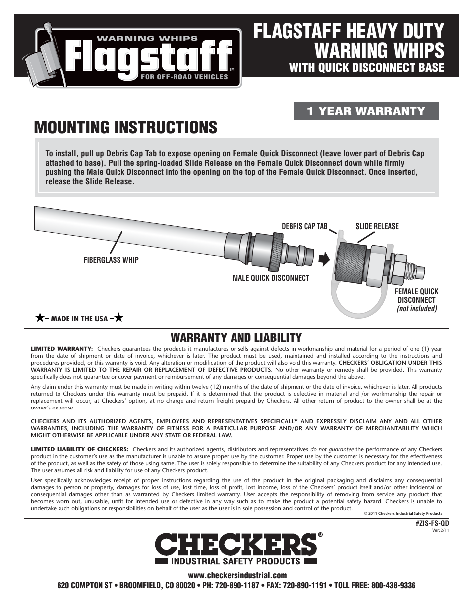 Checkers Flagstaff Heavy Duty Quick Disconnect Whips User Manual | 1 page