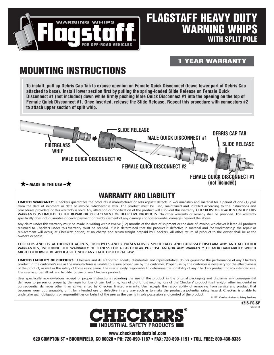 Checkers Flagstaff Heavy Duty Split Pole Whips User Manual | 1 page