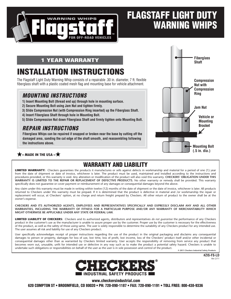 Checkers Flagstaff Light Duty User Manual | 1 page