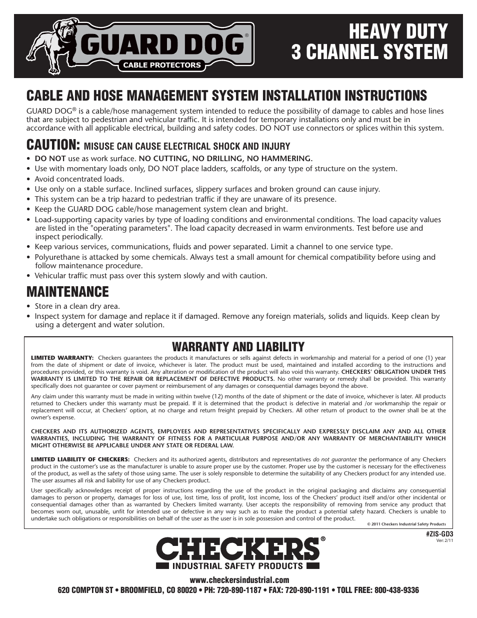 Heavy duty 3 channel system, Caution, Maintenance | Warranty and liability | Checkers Guard Dog 3 Channel Cable Ramp User Manual | Page 2 / 2