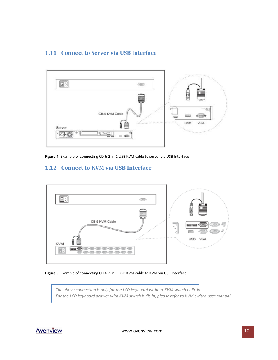Connect to server via usb interface, Connect to kvm via usb interface | Avenview RSUN Series RSUN-17 User Manual | Page 10 / 22