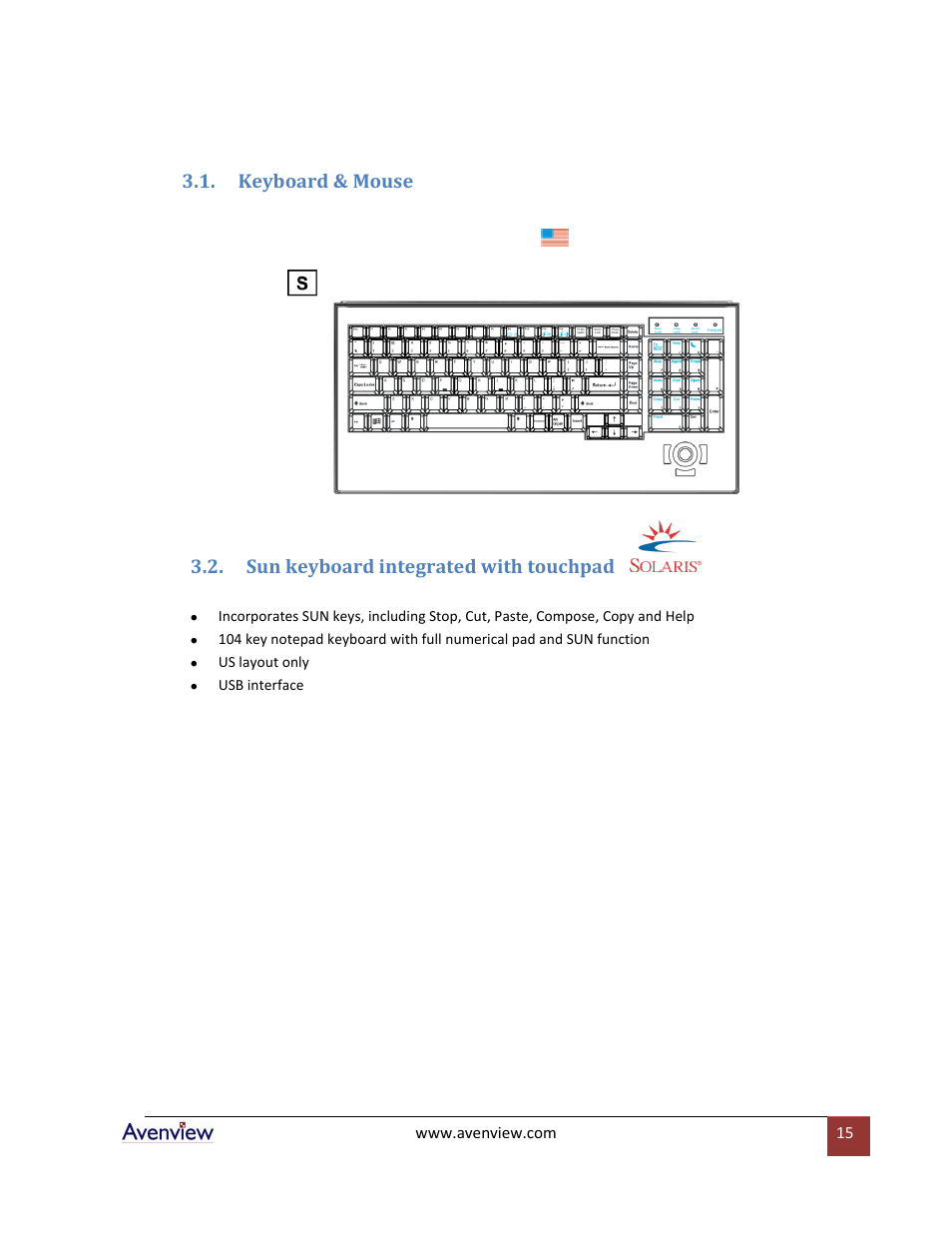 Keyboard & mouse, Sun keyboard integrated with touchpad | Avenview RSUN Series RSUN-17 User Manual | Page 15 / 22