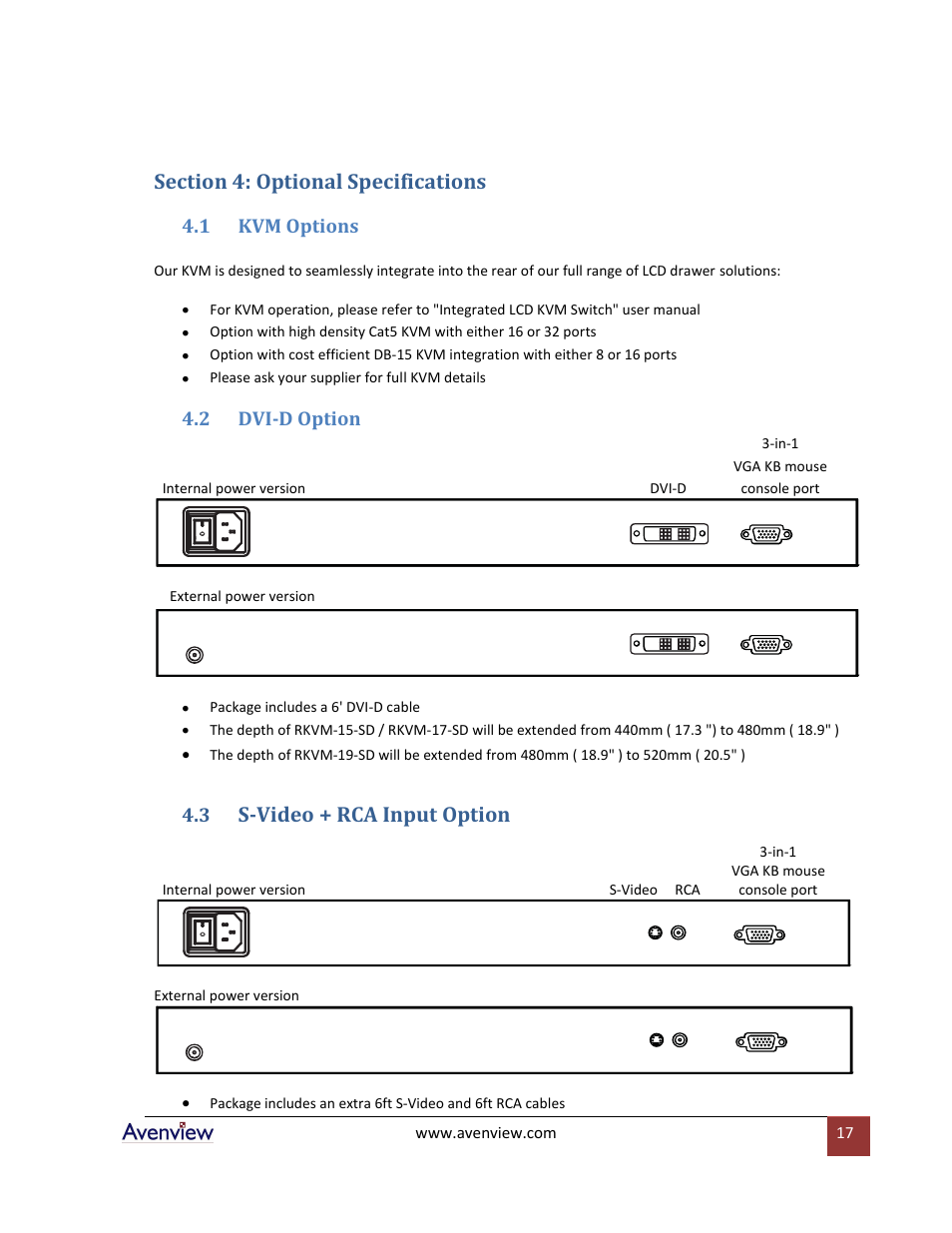 Section 4: optional specifications, Kvm options, Dvi-d option | S-video + rca input option, 1 kvm options, 2 dvi-d option | Avenview RSUN Series RSUN-17 User Manual | Page 17 / 22