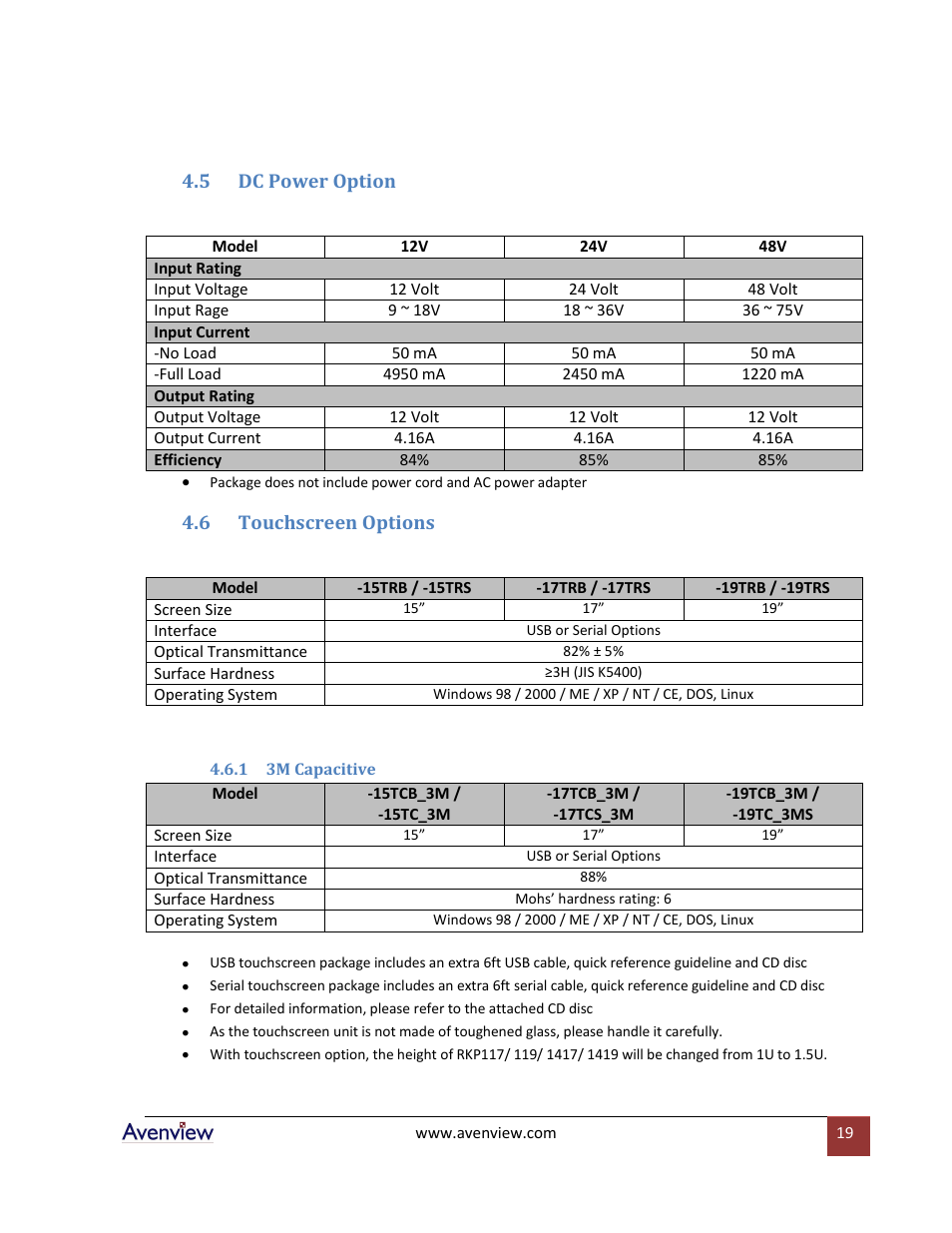 Dc power option, Touchscreen options, 3m capacitive | 5 dc power option, 6 touchscreen options | Avenview RSUN Series RSUN-17 User Manual | Page 19 / 22