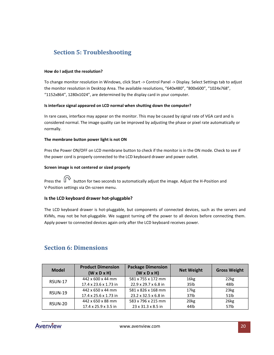 Section 5: troubleshooting, Section 6: dimensions | Avenview RSUN Series RSUN-17 User Manual | Page 20 / 22