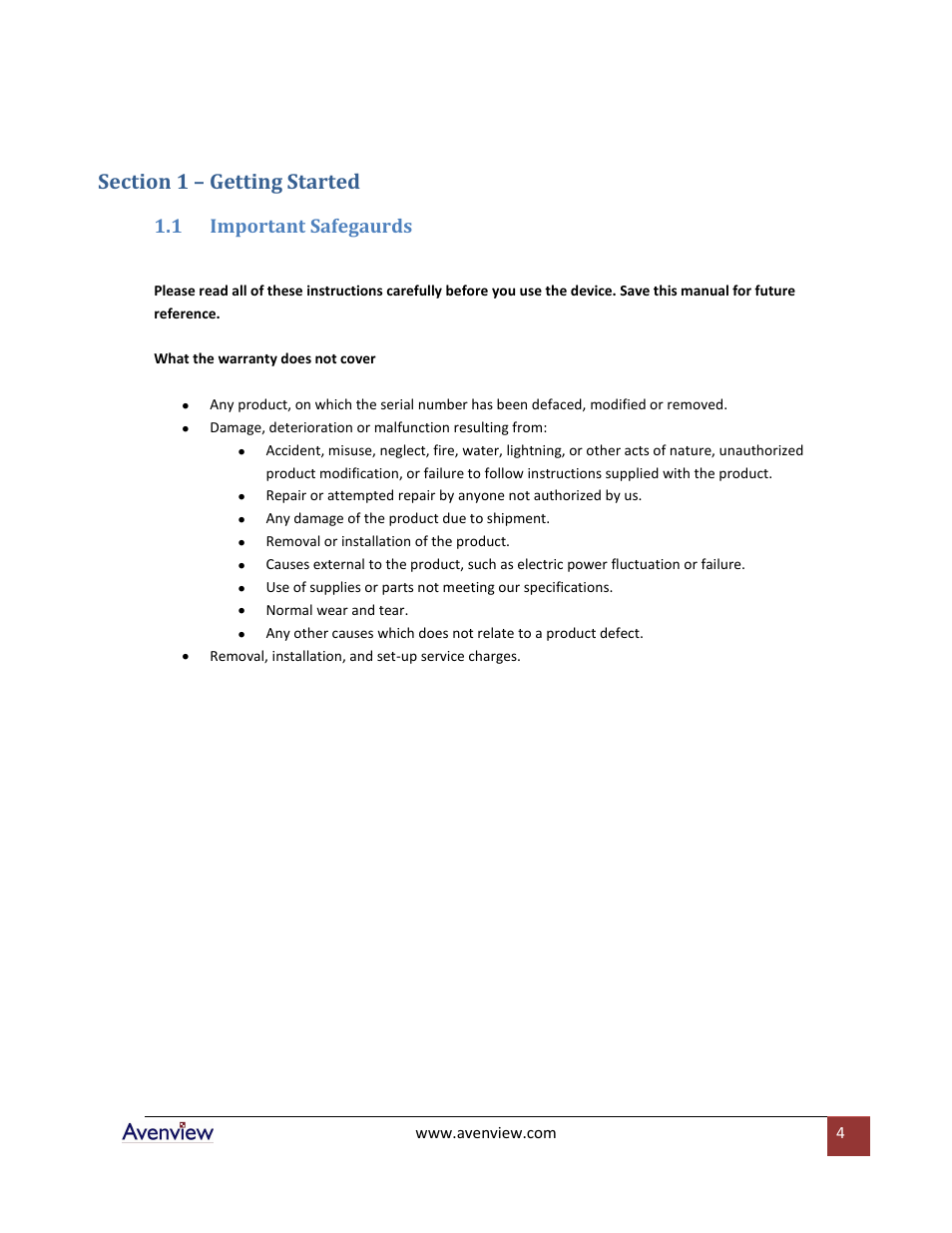 Section 1 – getting started, Important safegaurds, 1 important safegaurds | Avenview RSUN Series RSUN-17 User Manual | Page 4 / 22