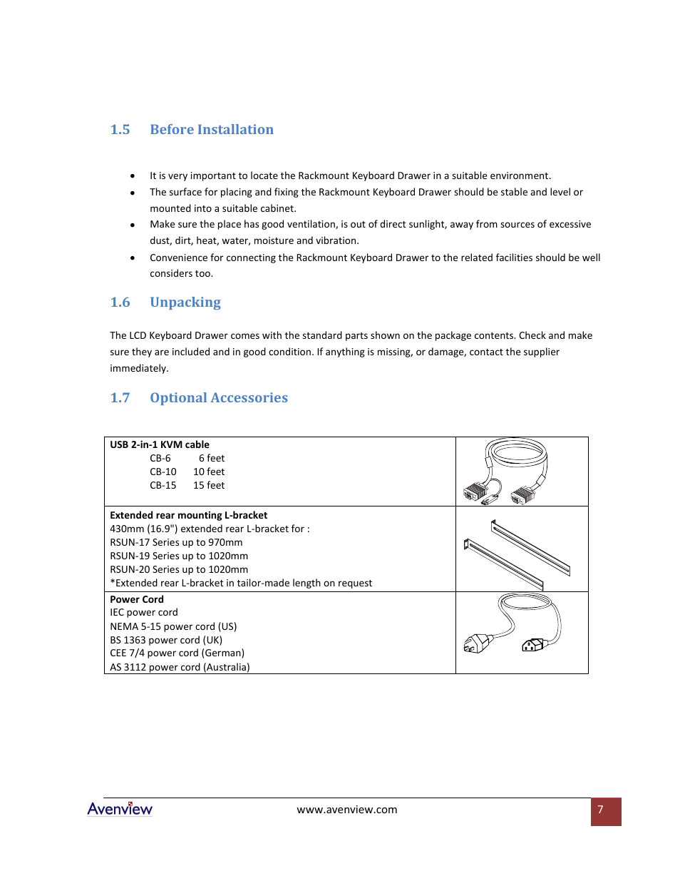 Before installation, Unpacking, Optional accessories | 5 before installation, 6 unpacking, 7 optional accessories | Avenview RSUN Series RSUN-17 User Manual | Page 7 / 22