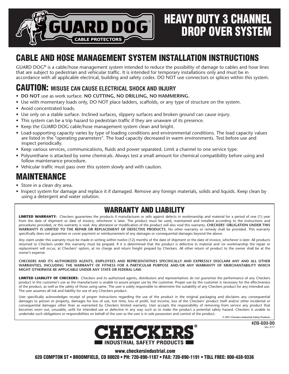 Heavy duty 3 channel drop over system, Caution, Maintenance | Warranty and liability | Checkers Guard Dog 3 Channel Drop Over Cable Ramp User Manual | Page 2 / 2