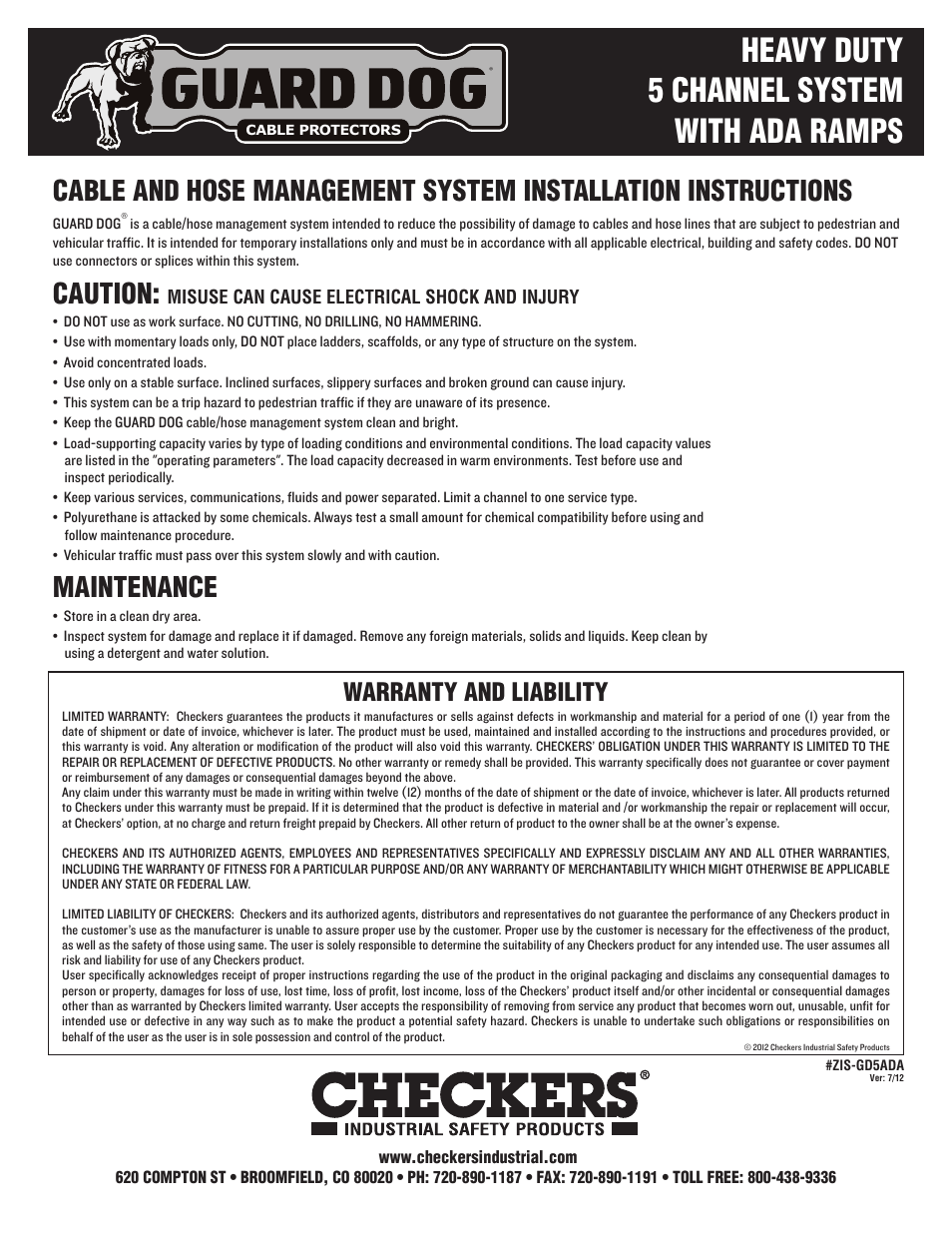 Heavy duty 5 channel system with ada ramps, Caution, Maintenance | Warranty and liability | Checkers Guard Dog 5 Channel Cable Ramp with ADA Ramps User Manual | Page 2 / 2