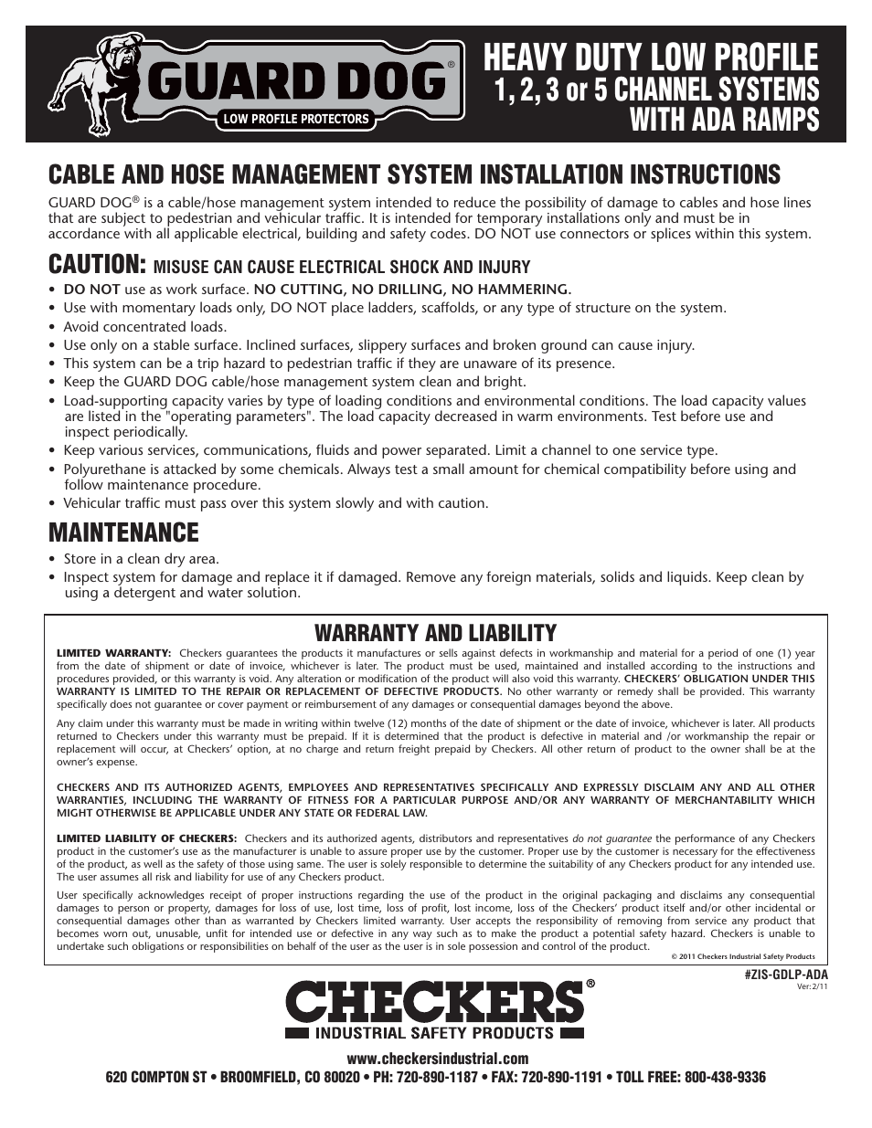 Heavy duty low profile, 1, 2, 3 or 5 channel systems with ada ramps, Caution | Maintenance, Warranty and liability | Checkers Guard Dog 1 Channel Low Profile with ADA Ramps User Manual | Page 2 / 2