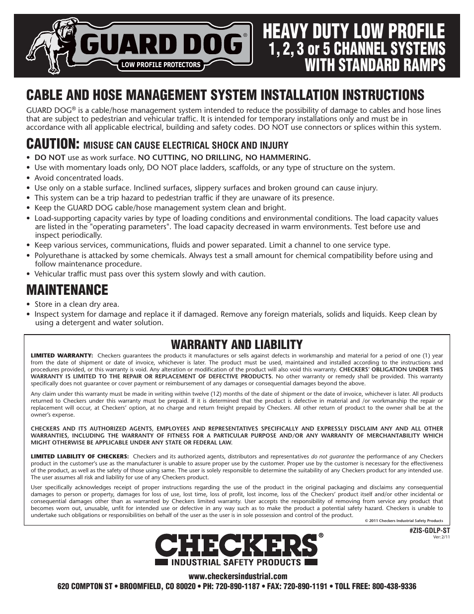 Heavy duty low profile, 1, 2, 3 or 5 channel systems with standard ramps, Caution | Maintenance, Warranty and liability | Checkers Guard Dog 1 Channel Low Profile with Standard Ramps User Manual | Page 2 / 2