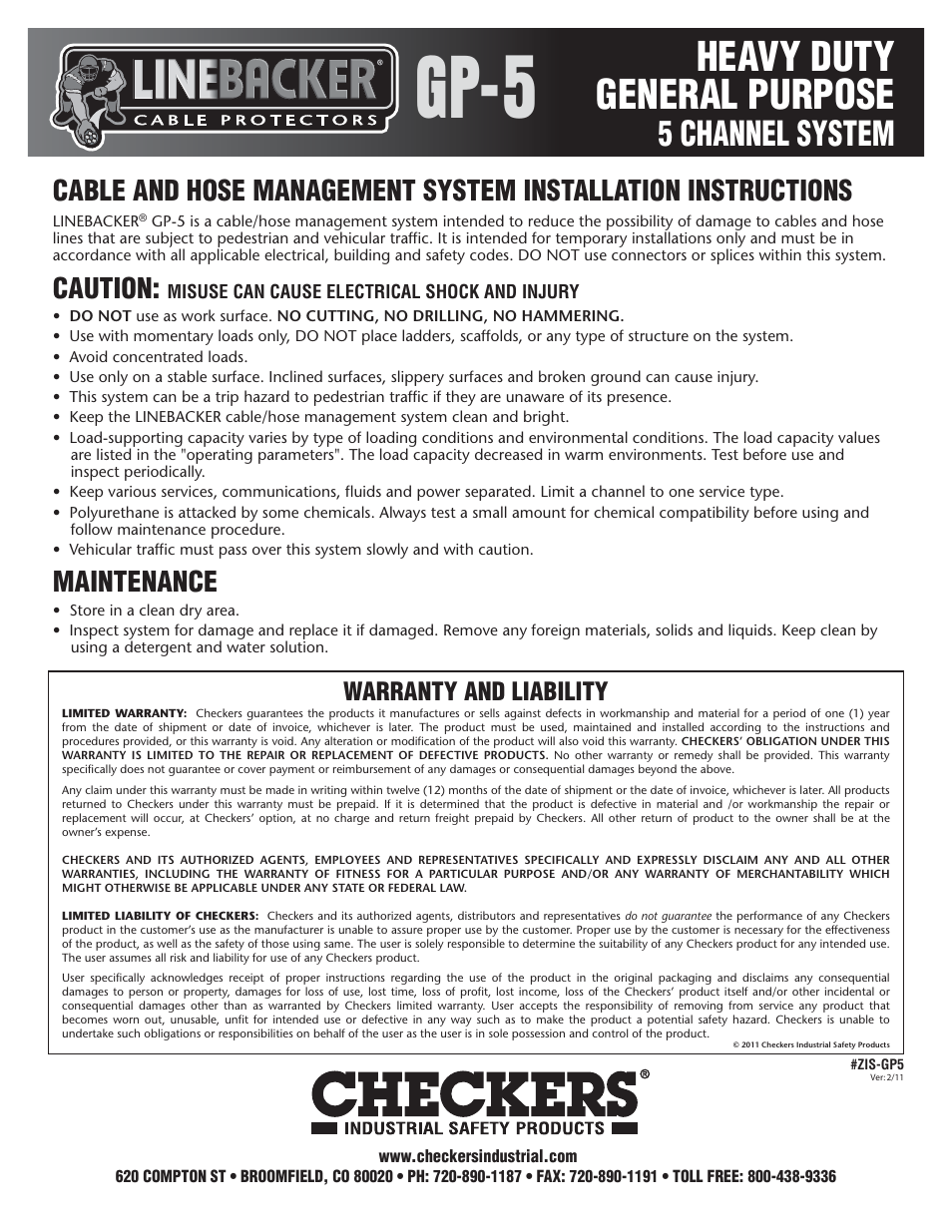 Heavy duty general purpose, 5 channel system, Caution | Maintenance, Warranty and liability | Checkers Linebacker 5 Channel Cable Ramps User Manual | Page 2 / 2