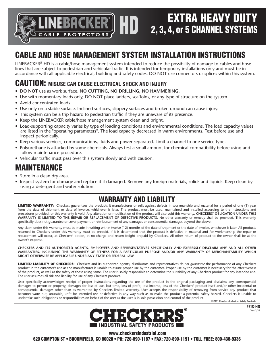 Extra heavy duty, 2, 3, 4, or 5 channel systems, Caution | Maintenance, Warranty and liability | Checkers Linebacker Extra Heavy Duty Cable Ramps User Manual | Page 2 / 2