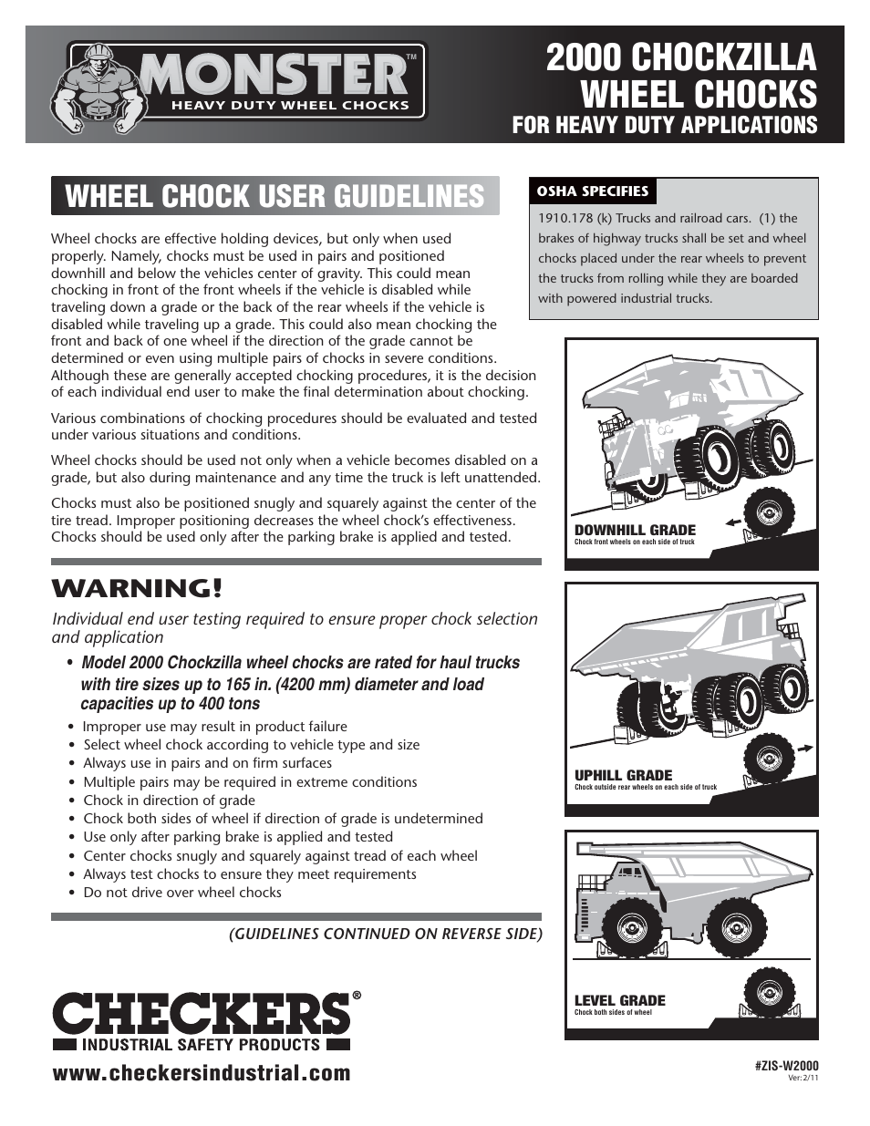 Checkers Monster 2000 Wheel Chocks User Guidelines User Manual | 2 pages