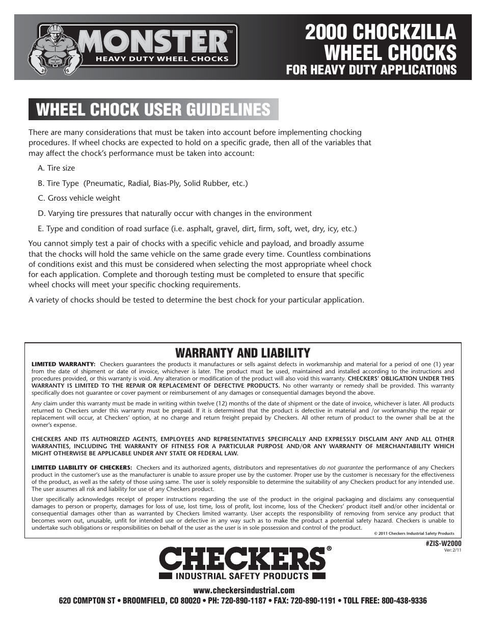 2000 chockzilla wheel chocks, Wheel chock user guidelines, Warranty and liability | For heavy duty applications | Checkers Monster 2000 Wheel Chocks User Guidelines User Manual | Page 2 / 2