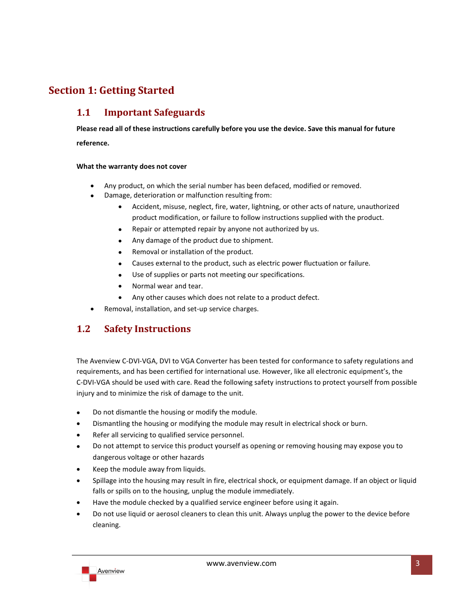 Section 1: getting started, Important safeguards, Safety instructions | 1 important safeguards, 2 safety instructions | Avenview C-DVI-VGA User Manual | Page 3 / 8