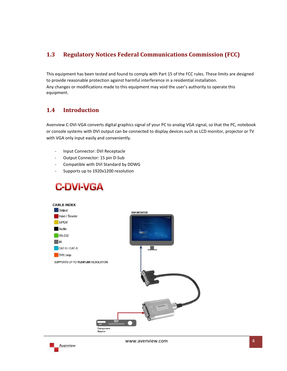 Introduction, 4 introduction | Avenview C-DVI-VGA User Manual | Page 4 / 8