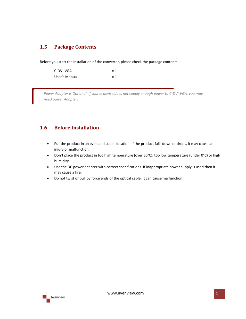 Package contents, Before installation, 5 package contents | 6 before installation | Avenview C-DVI-VGA User Manual | Page 5 / 8