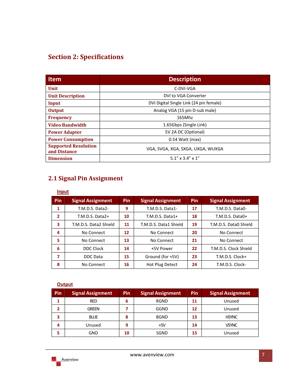 Section 2: specifications, 1 signal pin assignment, Item description | Avenview C-DVI-VGA User Manual | Page 7 / 8