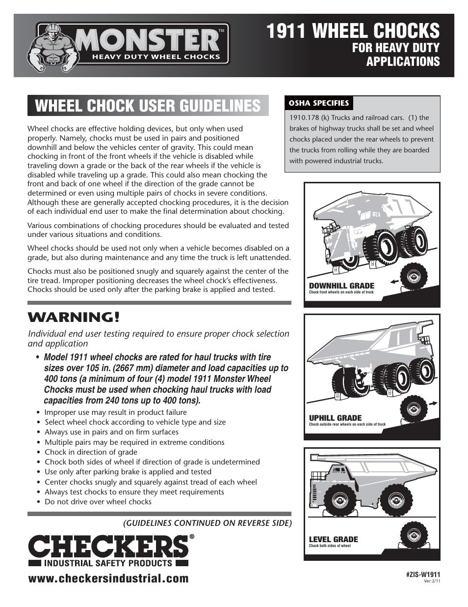 Checkers Monster 1911 Wheel Chocks User Guidelines User Manual | 2 pages